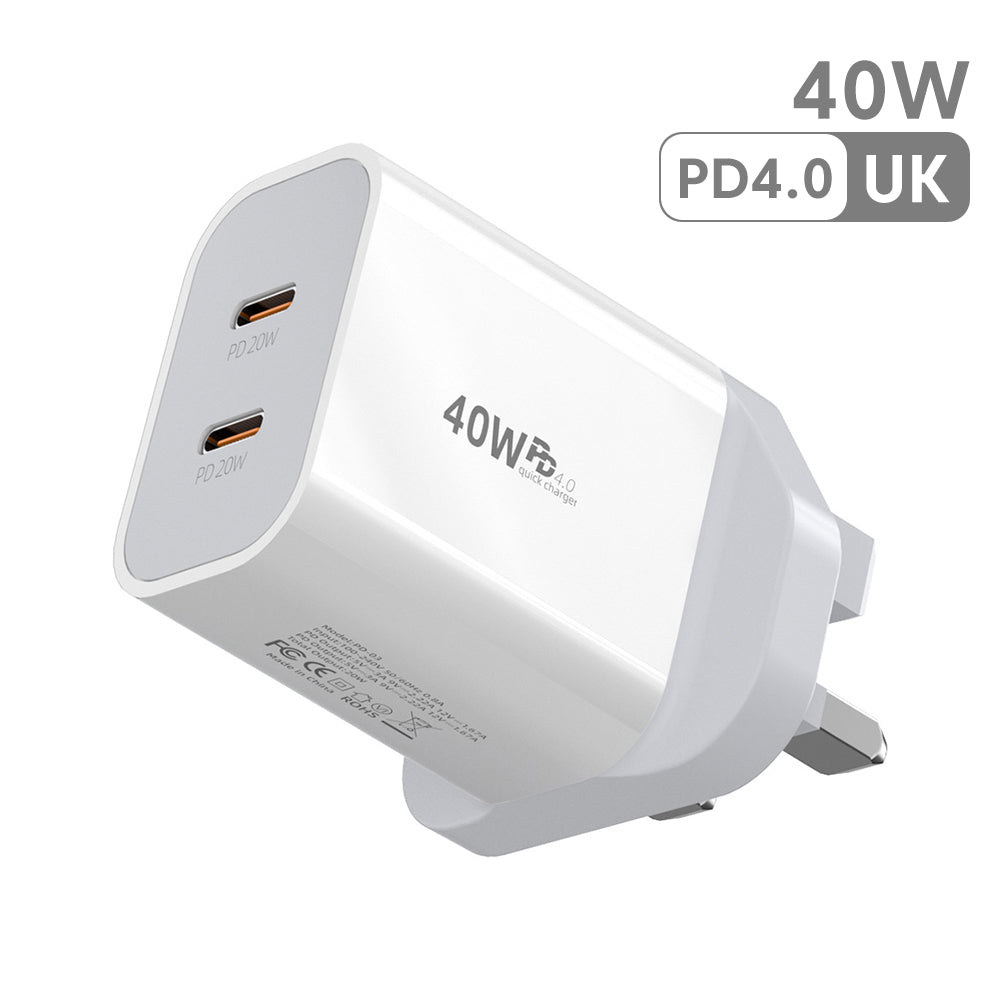 FONZY™ 40W Dual Type-C PD Fast Charger UK Plug with Fast Charging Cable