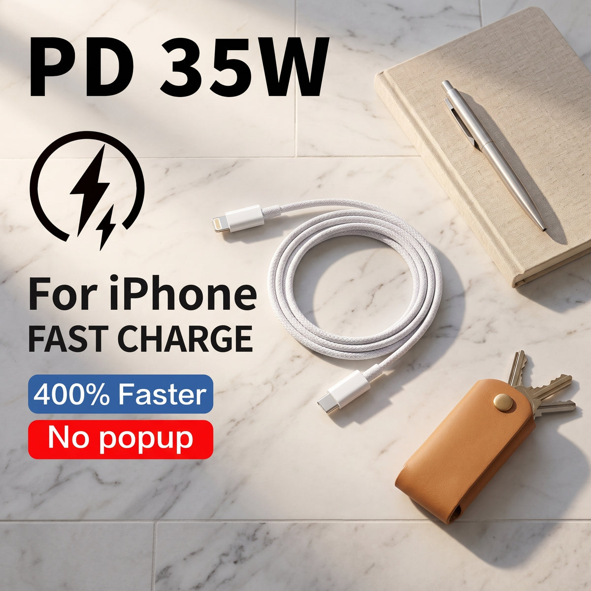 FONZY 35W Type-C to Lightning Braided Cable - Fast Charger & Data Sync (No Pop-Up)