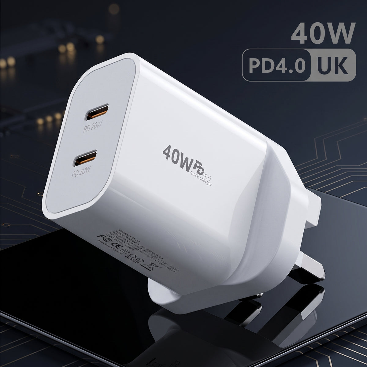 FONZY™ 40W Dual Type-C PD Fast Charger UK Plug with Fast Charging Cable