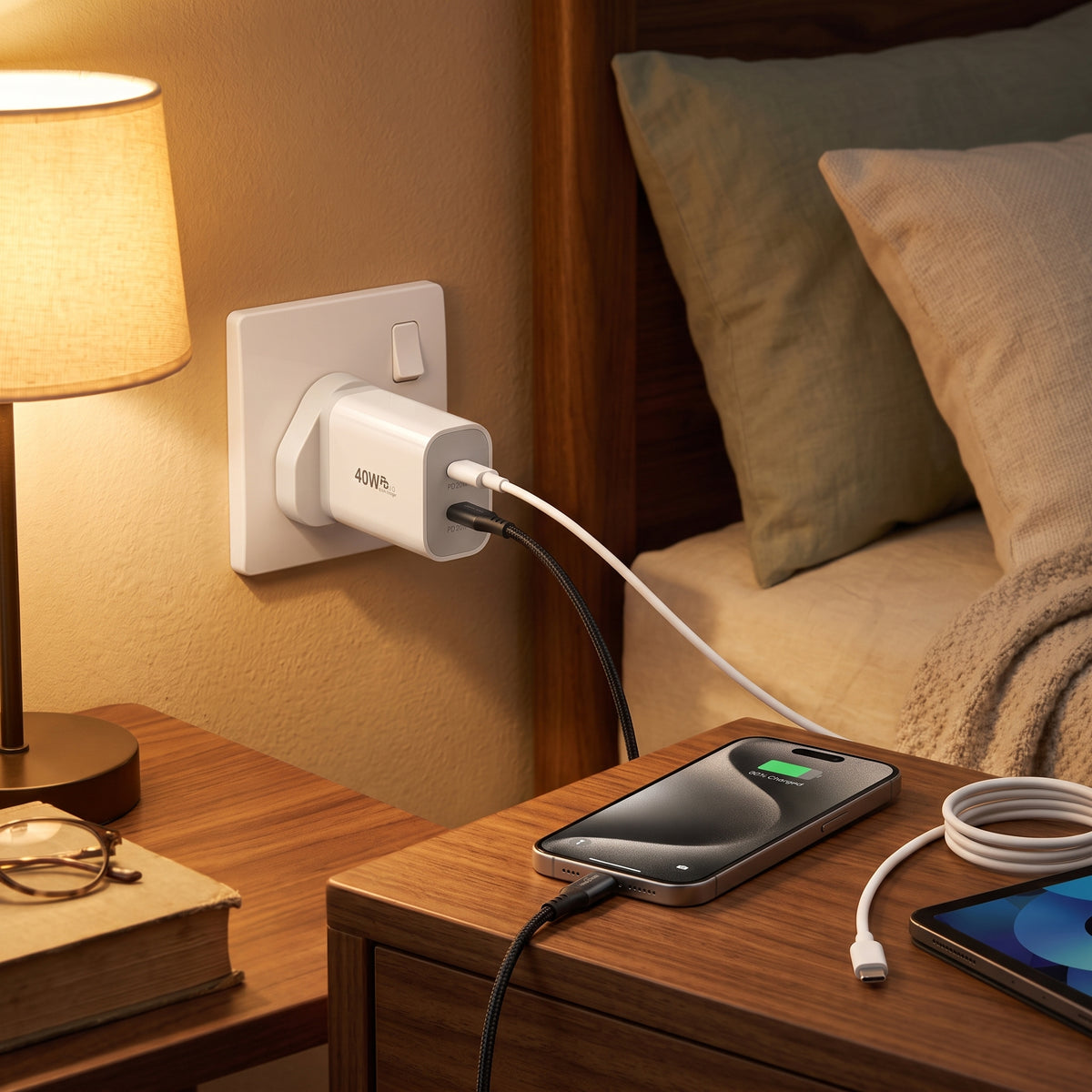 FONZY™ 40W Dual Type-C PD Fast Charger UK Plug with Fast Charging Cable