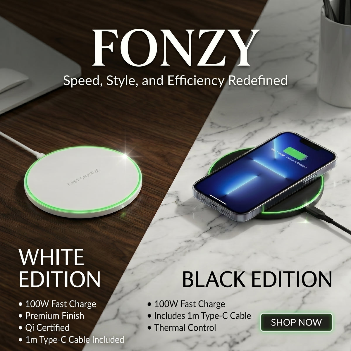 FONZY 100W Premium Ultra-Slim Fast Wireless Charger Pad