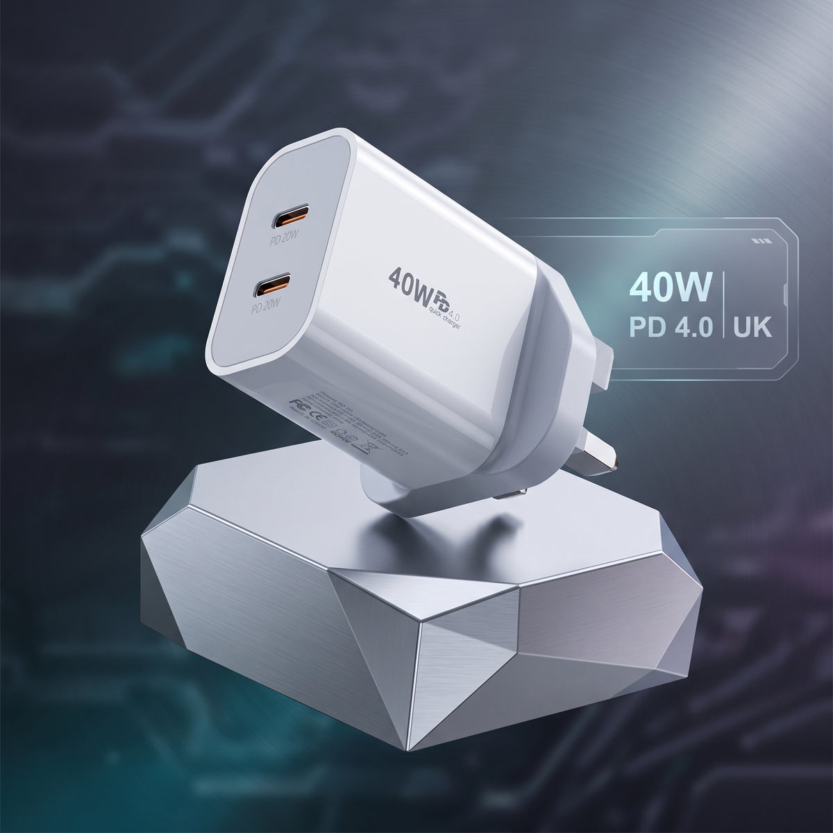 FONZY™ 40W Dual Type-C PD Fast Charger UK Plug with Fast Charging Cable