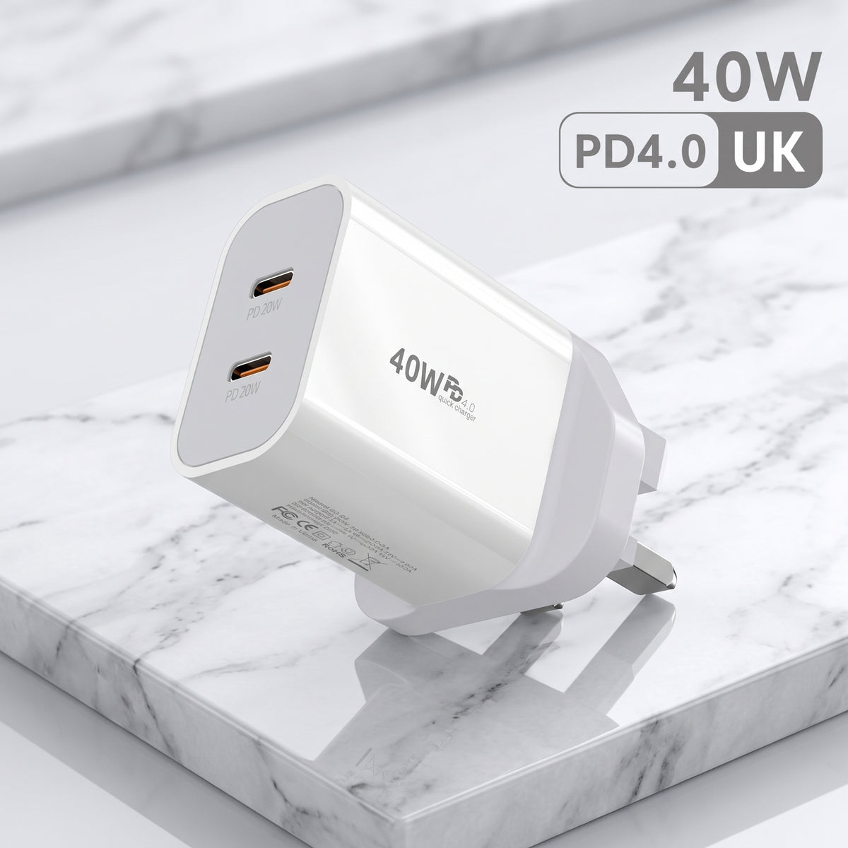 FONZY™ 40W Dual Type-C PD Fast Charger UK Plug with Fast Charging Cable