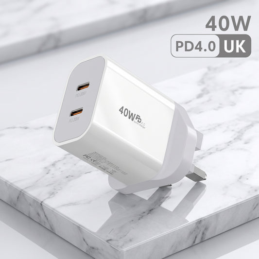 FONZY™ 40W Dual Type-C PD Fast Charger UK Plug with Fast Charging Cable