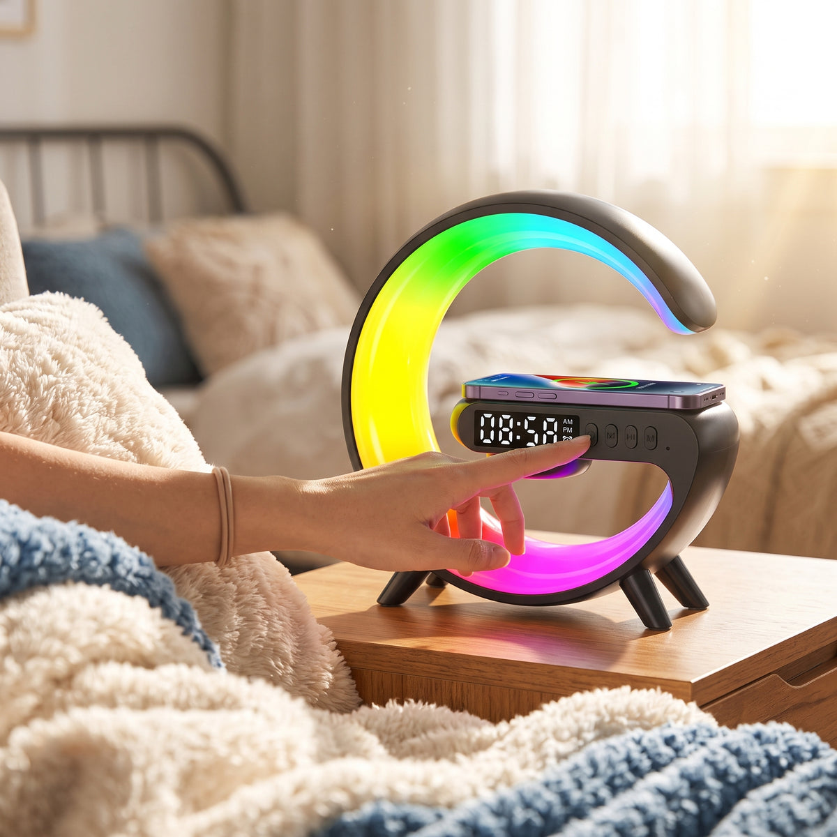 FONZY 4-in-1 G-Lamp | 15W Wireless Charger, Speaker & Alarm Clock