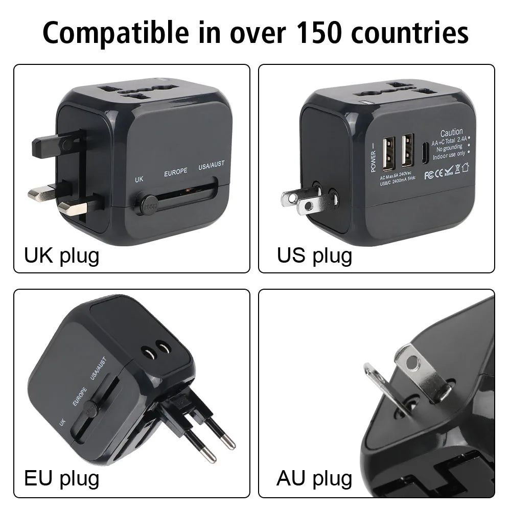 FONZY Universal Travel Adapter | International Plug Converter with Dual USB & Type-C Ports