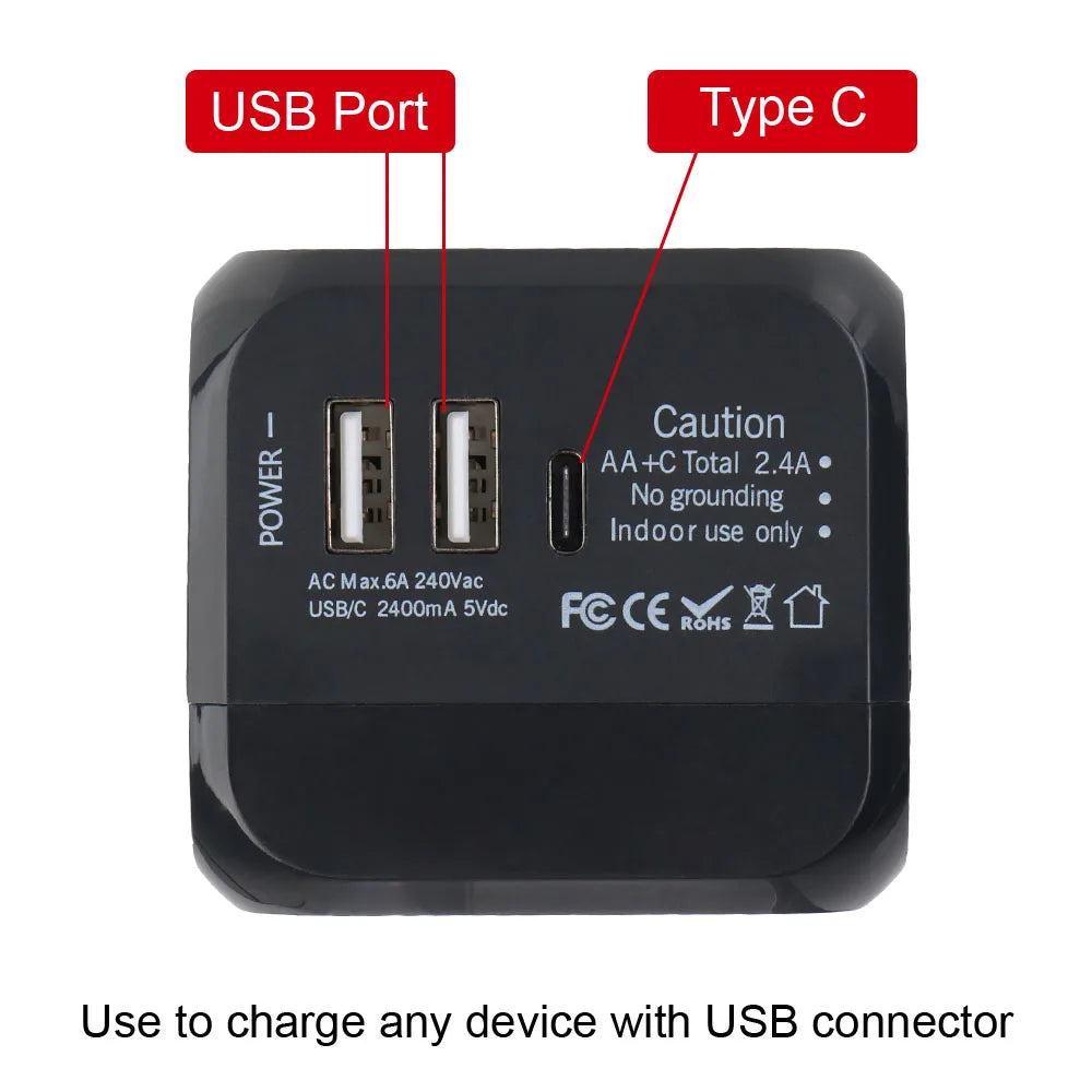 FONZY Universal Travel Adapter | International Plug Converter with Dual USB & Type-C Ports