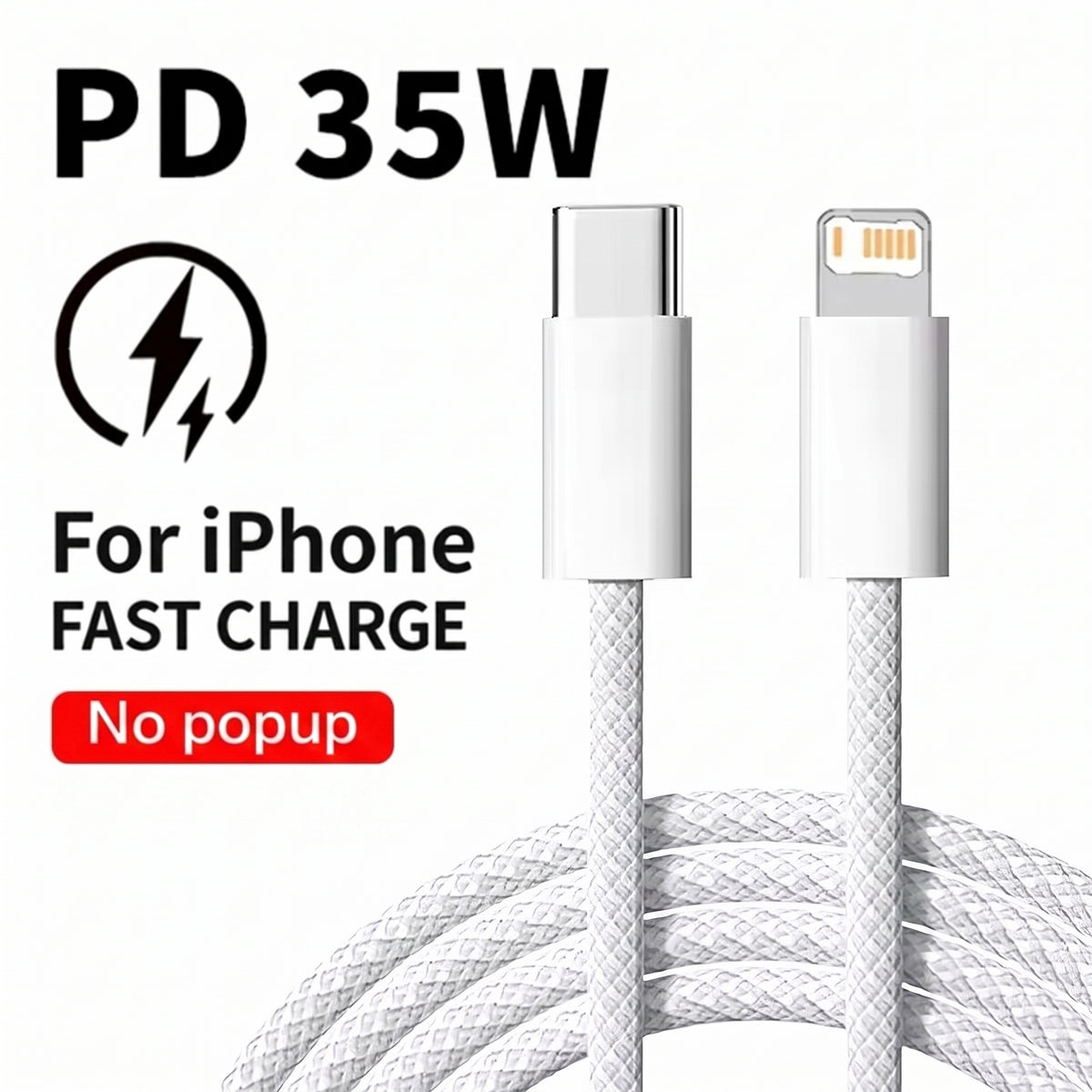 FONZY 35W Type-C to Lightning Braided Cable - Fast Charger & Data Sync (No Pop-Up)