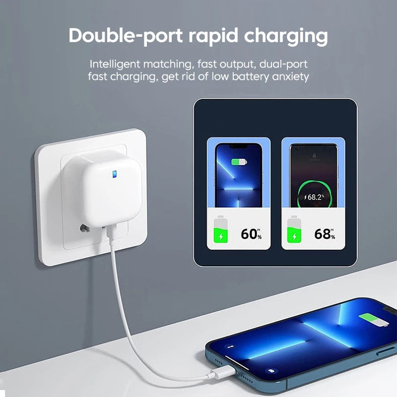 FONZY 20W UK Fast Charger Adapter with Type-C / Lightning Cable - Dual Port PD 20W & QC 3.0