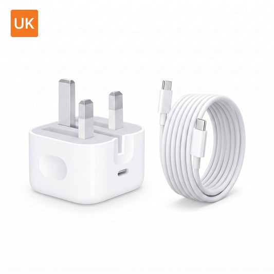 FONZY 20W USB-C Fast Charger with Foldable UK Plug & Fast Charging Cable Set