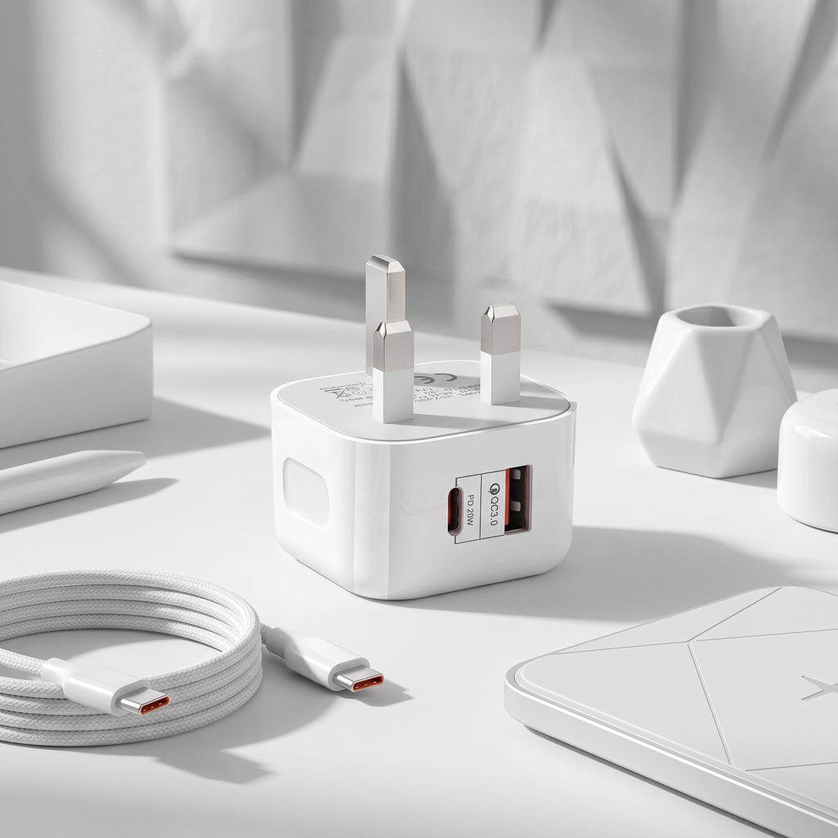 FONZY 20W UK Fast Charger Adapter with Type-C / Lightning Cable - Dual Port PD 20W & QC 3.0