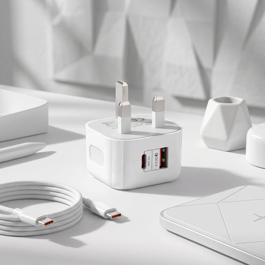 FONZY 20W UK Fast Charger Adapter with Type-C / Lightning Cable - Dual Port PD 20W & QC 3.0