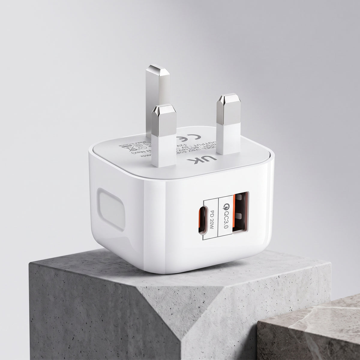FONZY 20W UK Fast Charger Adapter with Type-C / Lightning Cable - Dual Port PD 20W & QC 3.0