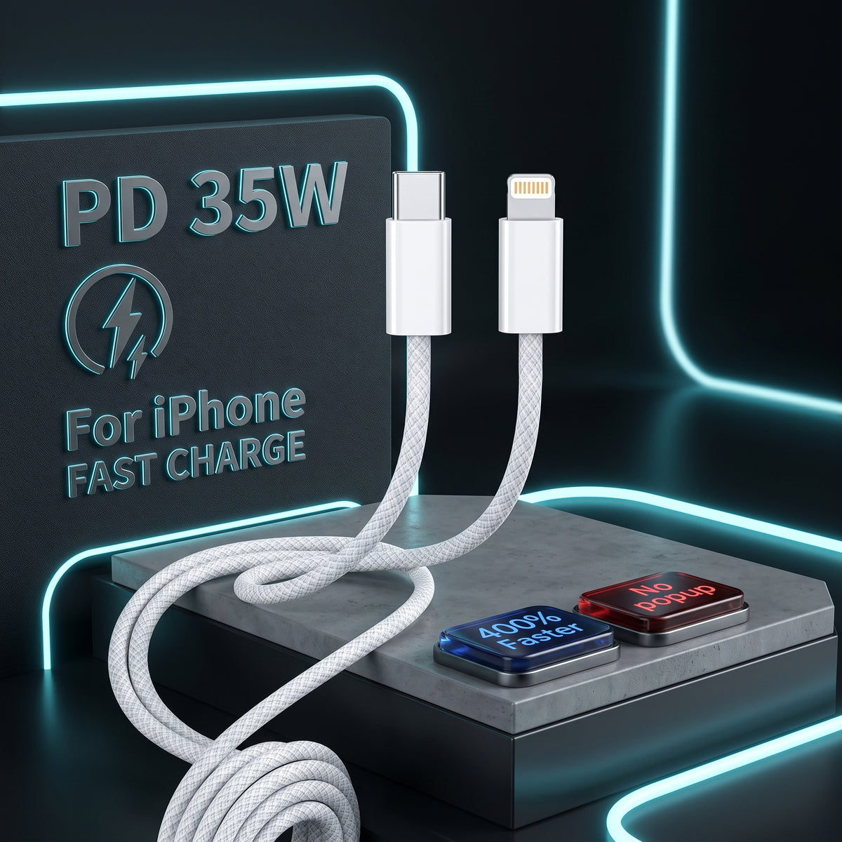 FONZY 35W Type-C to Lightning Braided Cable - Fast Charger & Data Sync (No Pop-Up)