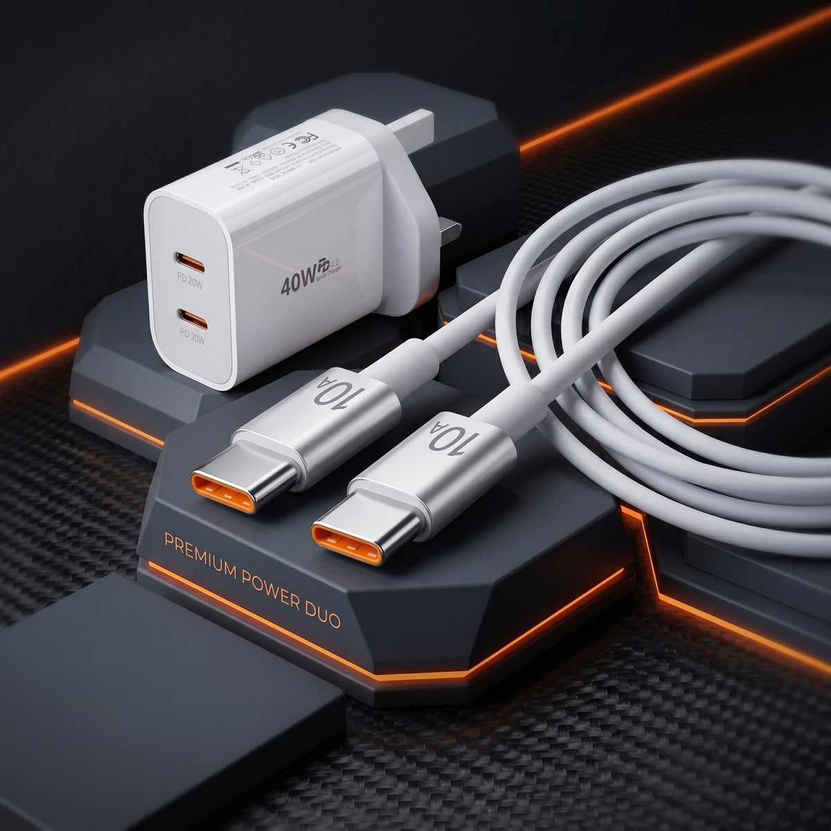 FONZY™ 40W Dual Type-C PD Fast Charger UK Plug with Fast Charging Cable