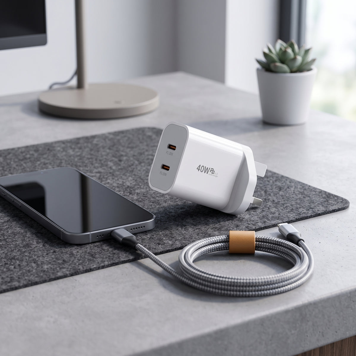 FONZY™ 40W Dual Type-C PD Fast Charger UK Plug with Fast Charging Cable