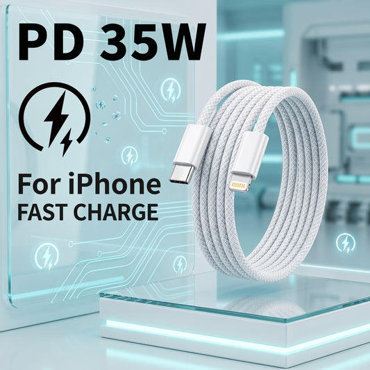 FONZY 35W Type-C to Lightning Braided Cable - Fast Charger & Data Sync (No Pop-Up)