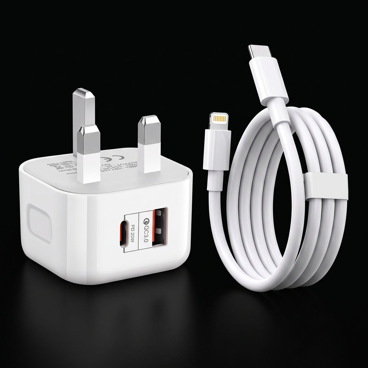 FONZY 20W UK Fast Charger Adapter with Type-C / Lightning Cable - Dual Port PD 20W & QC 3.0
