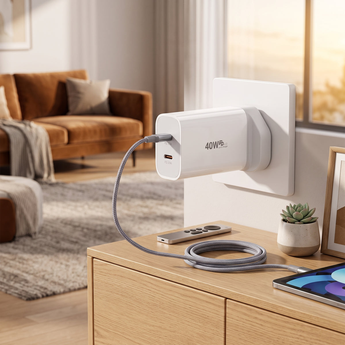 FONZY™ 40W Dual Type-C PD Fast Charger UK Plug with Fast Charging Cable